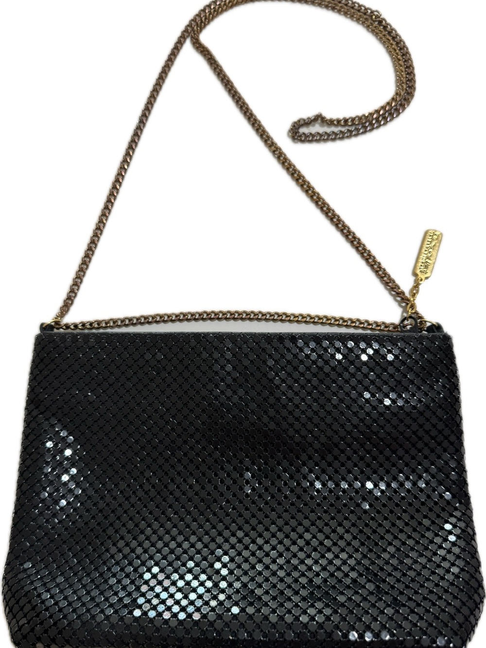 Whiting & Davis Black Sequin Mesh Crossbody with Gold Chain